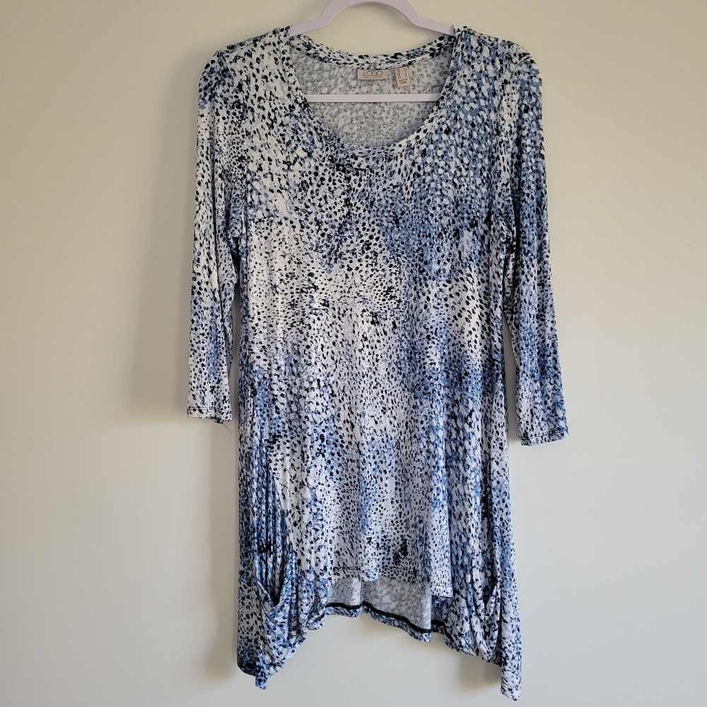 NWOT LOGO by Lori Goldstein Blue Dot Print 3/4 Sleeve Tunic Top Size S